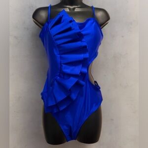 NWT Women’s One Piece Swimsuit Flounce & Hole Out Padded Monokini Blue Size L